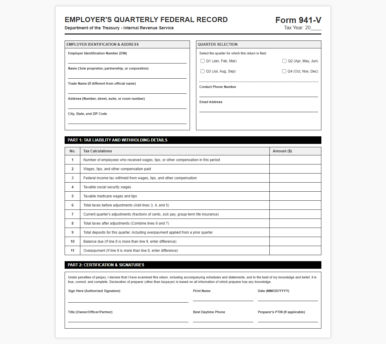 Quarterly Federal Tax Withholding Return Template