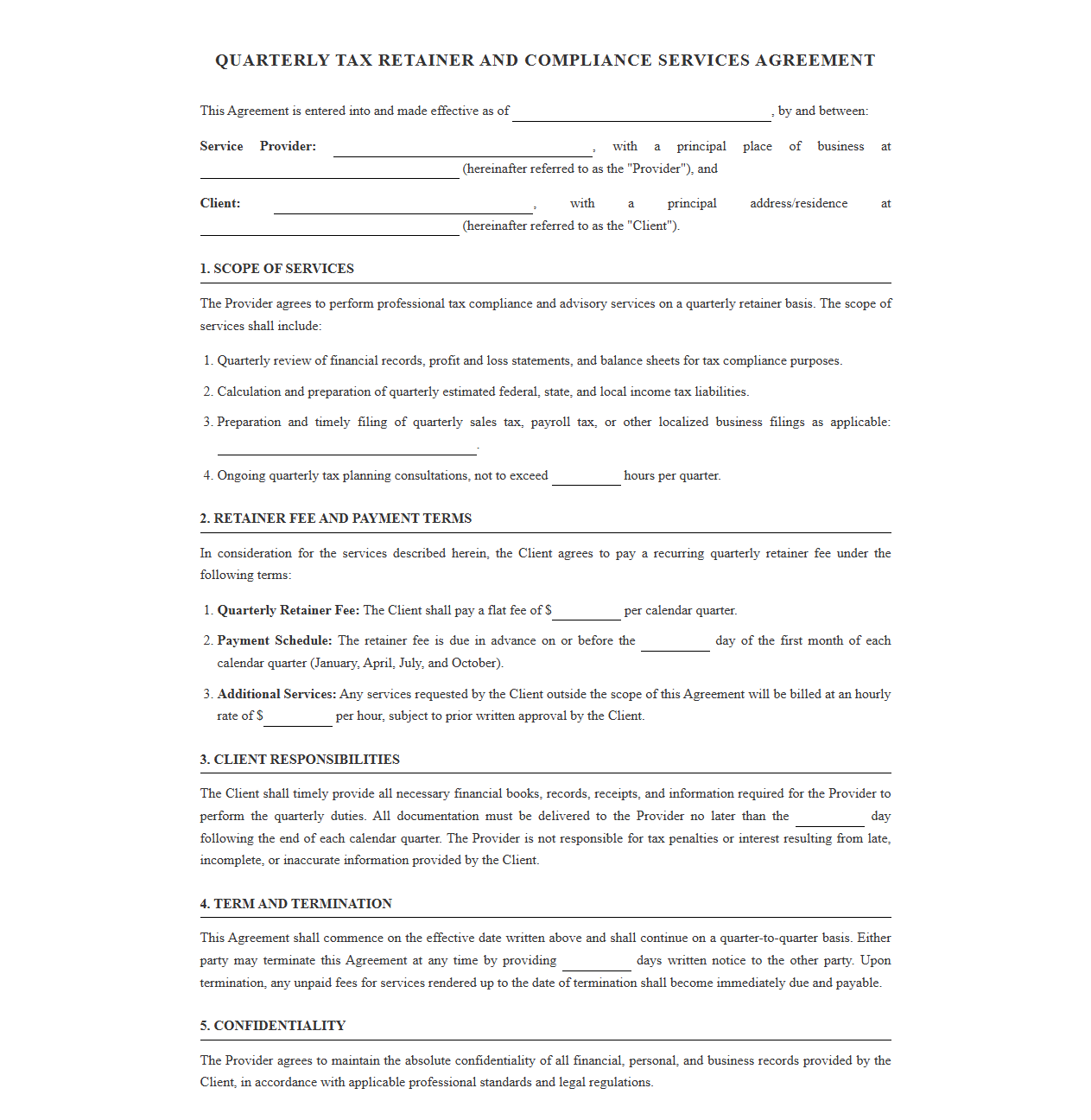 Quarterly Tax Retainer and Compliance Services Agreement
