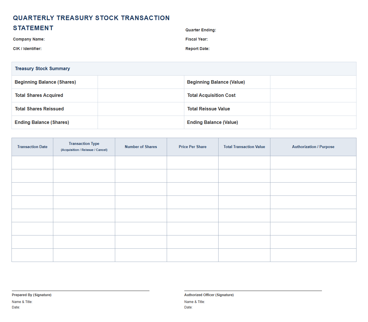 Quarterly Treasury Stock Transaction Statement