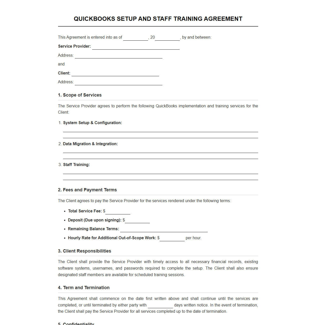QuickBooks Setup and Staff Training Agreement