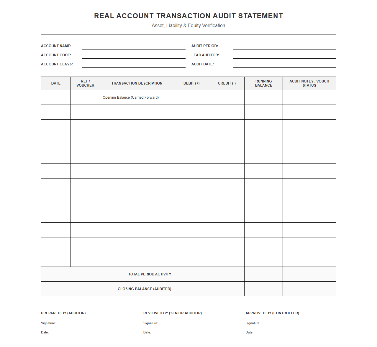 Real Account Transaction Audit Statement Template
