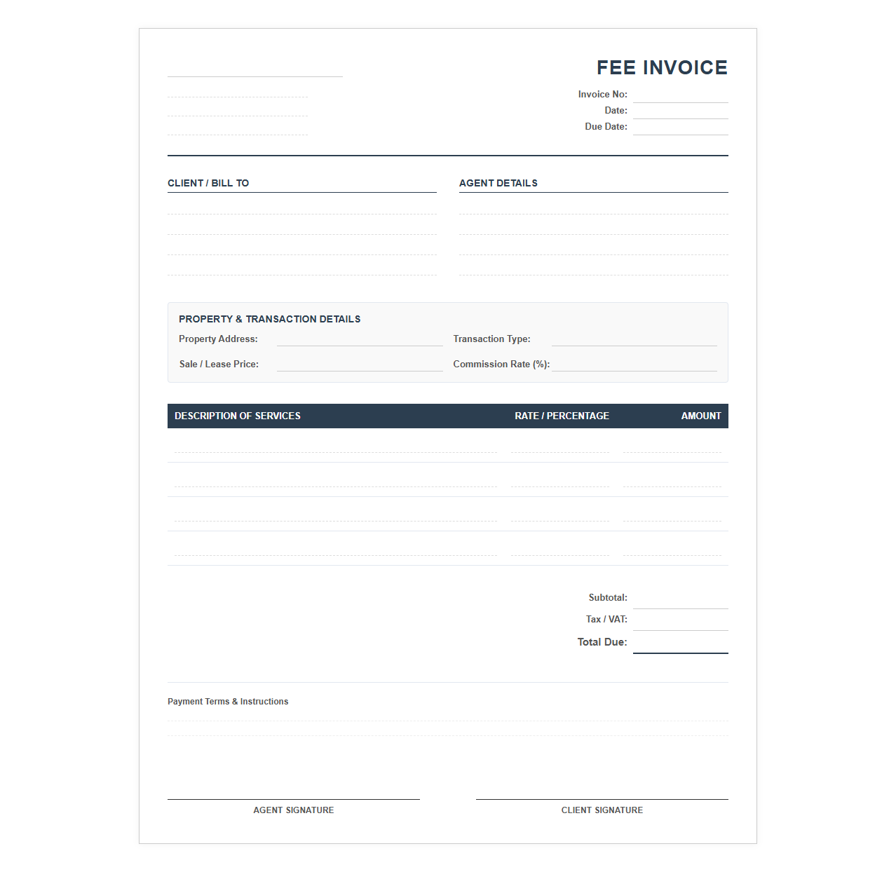 Real Estate Agent Fee Bill Template