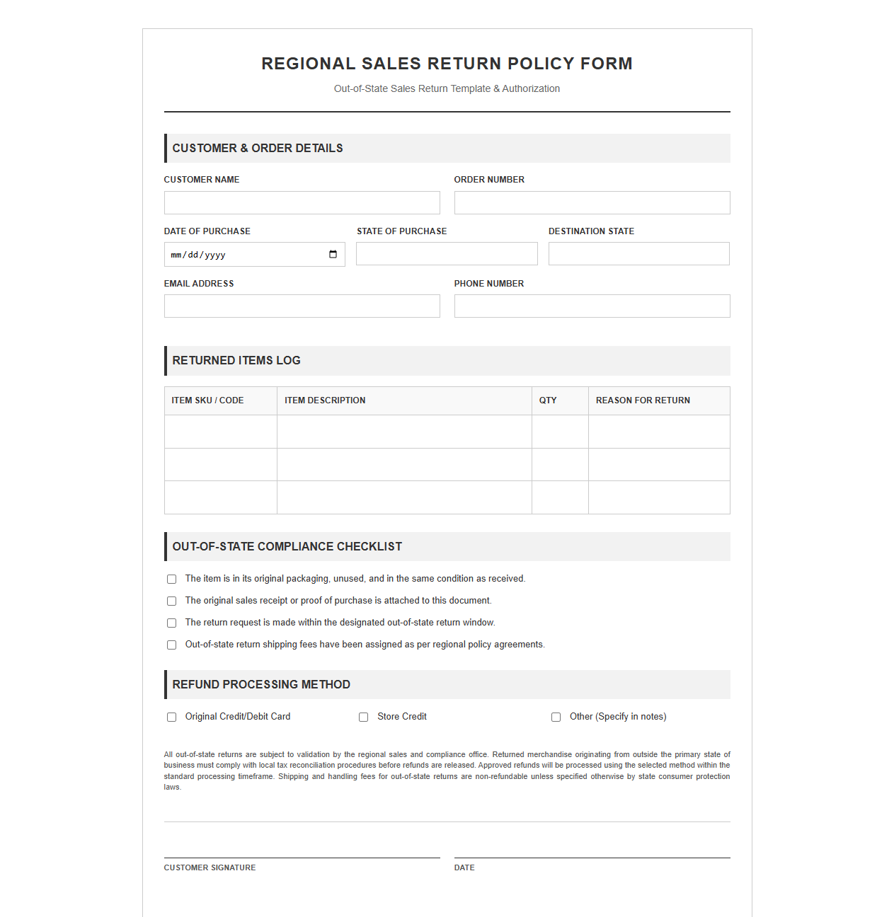 Regional Sales Return Policy Form