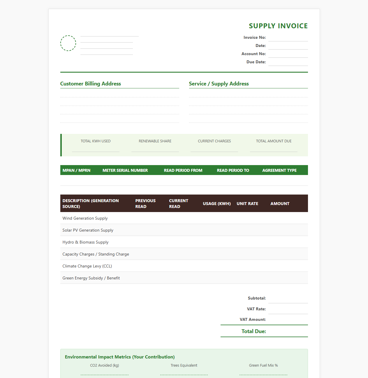 Renewable Energy Commercial Supply Invoice Statement