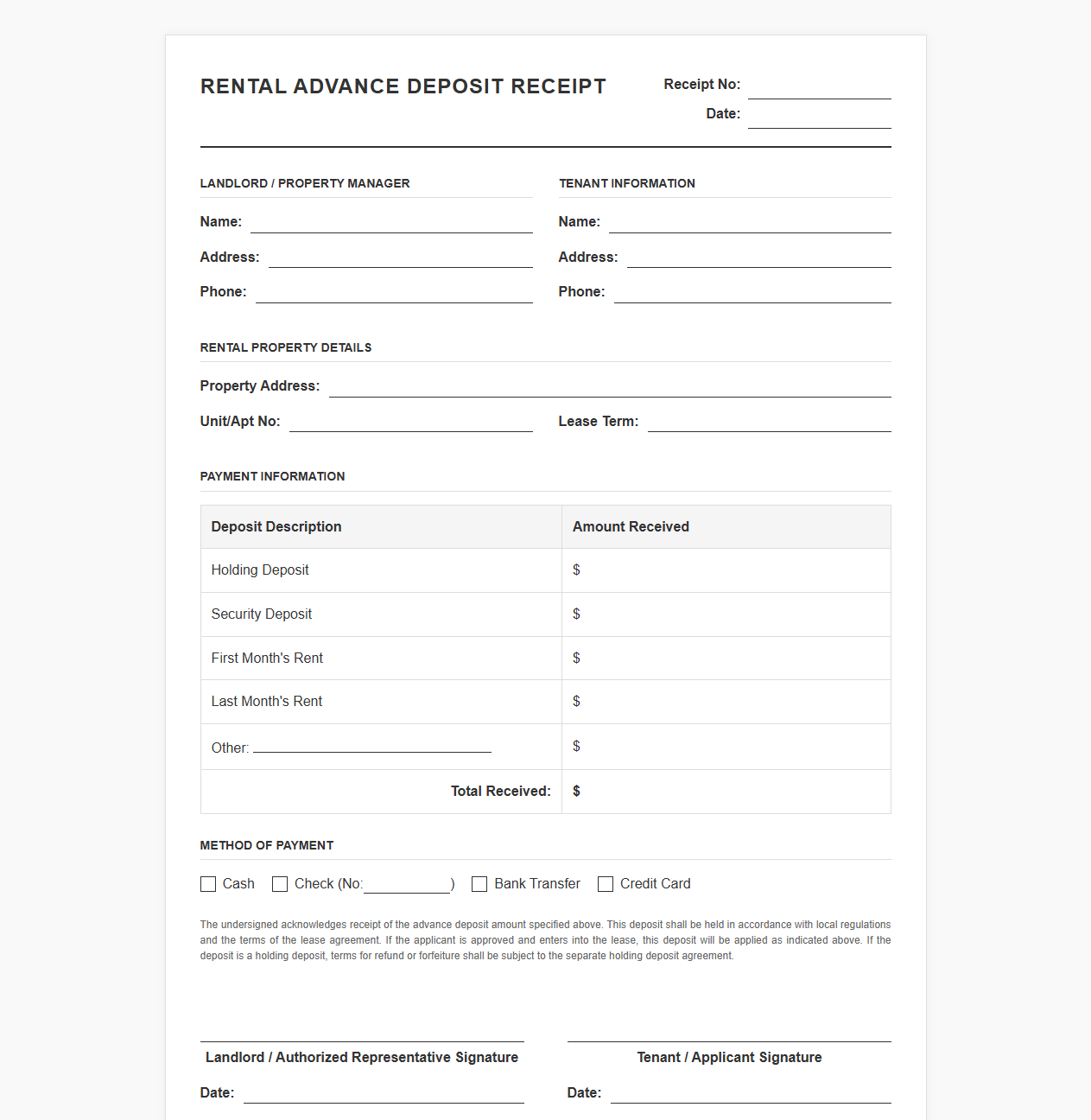 Rental Advance Deposit Receipt Template