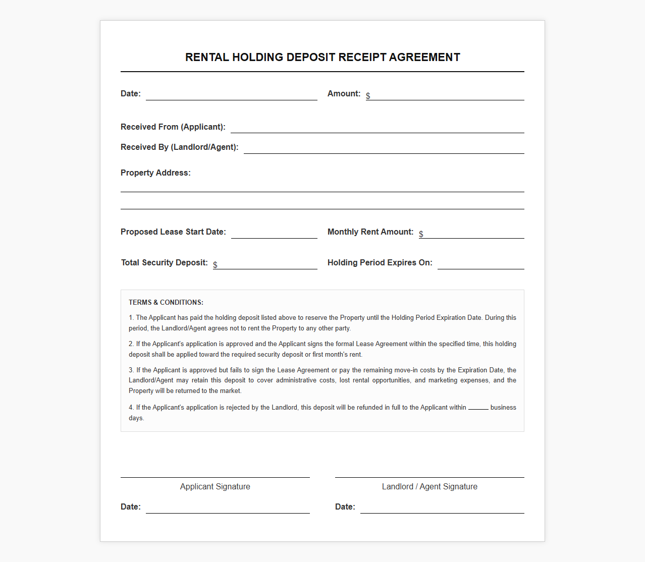 Rental Holding Deposit Receipt Agreement