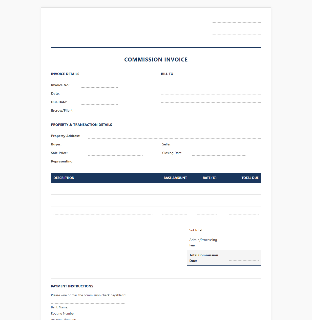 Residential Home Sales Commission Invoice Template