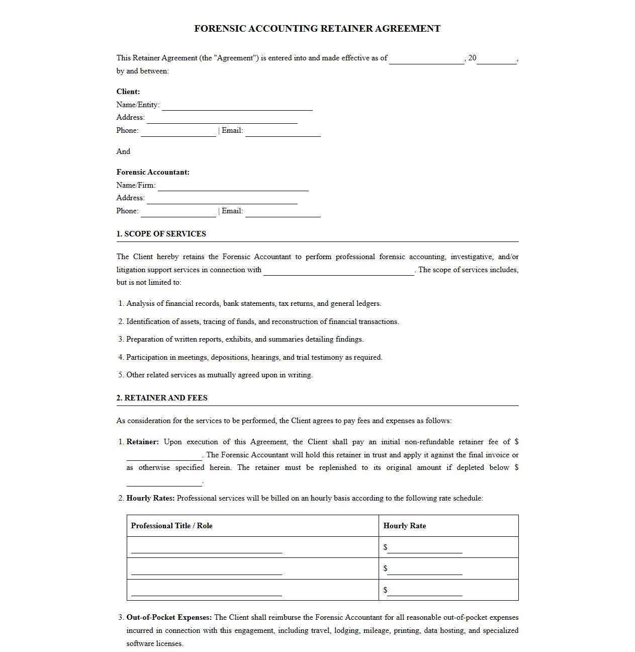 Retainer Agreement for Forensic Accounting Services