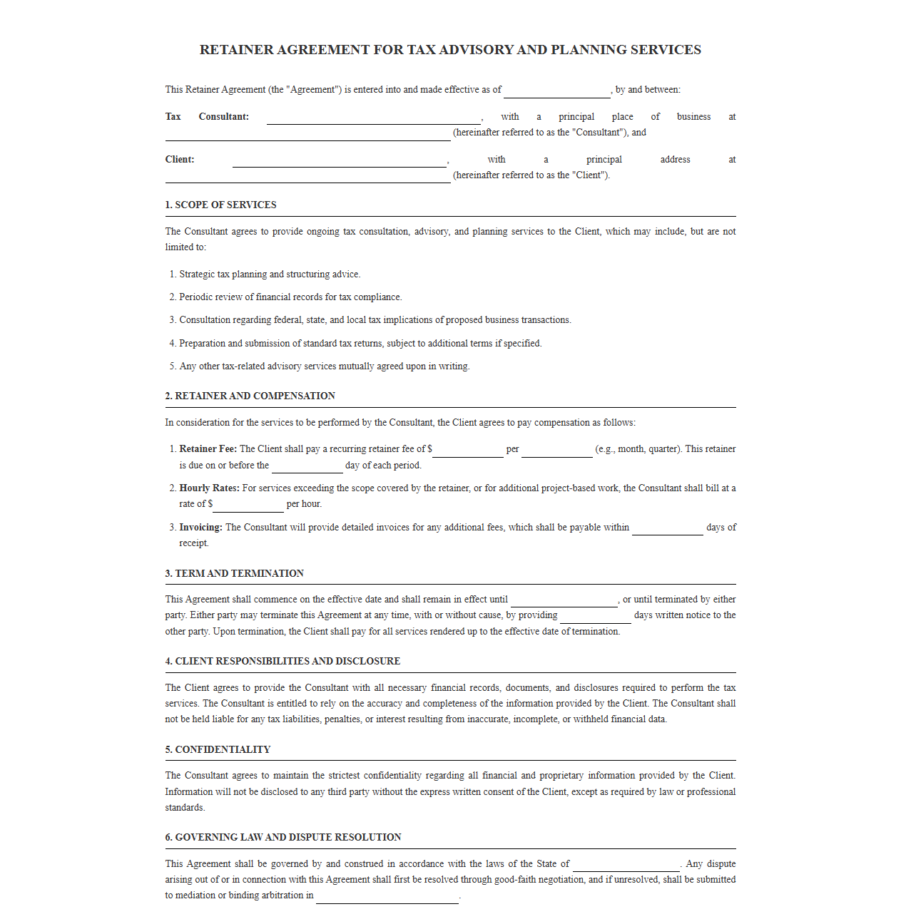 Retainer Agreement for Tax Advisory and Planning Services