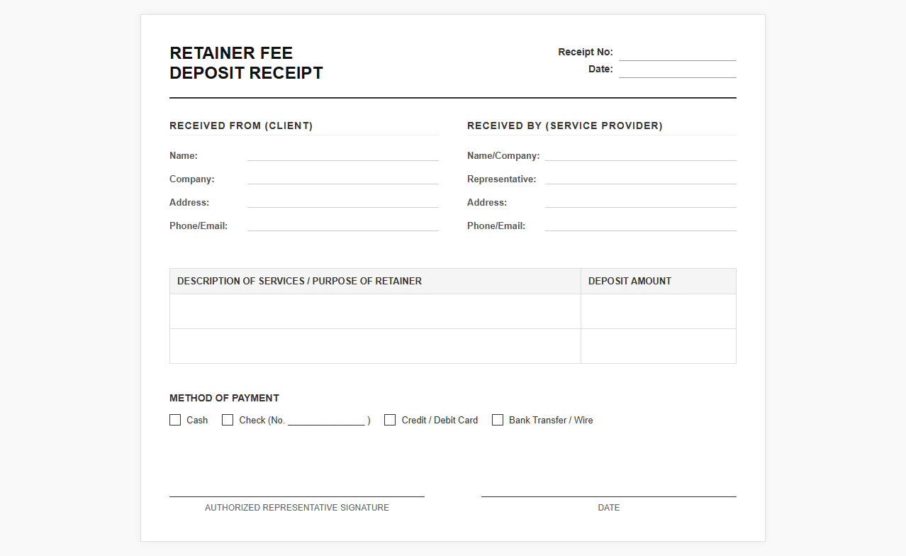 Retainer Fee Deposit Receipt Template