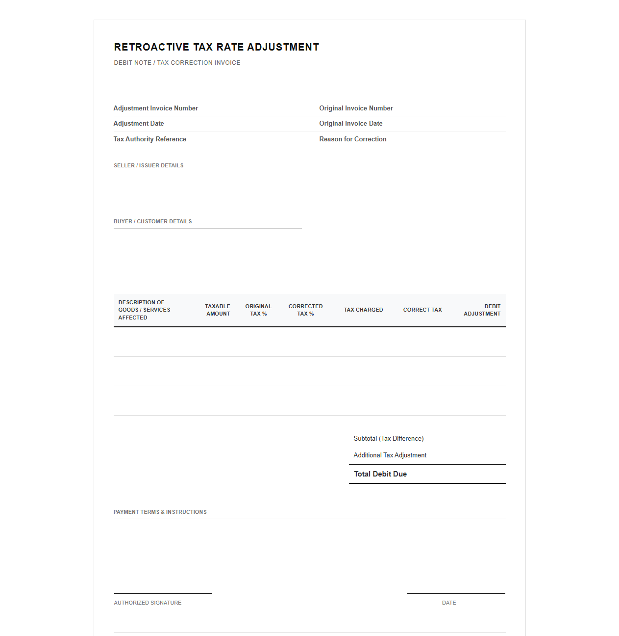 Retroactive Tax Rate Adjustment Invoice Template