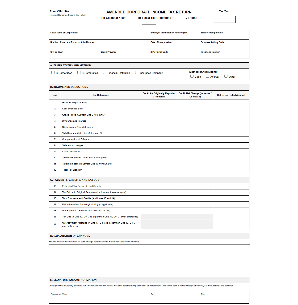 Revised Corporate Income Tax Return Template