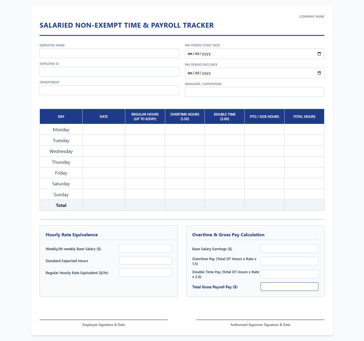 Salaried Non-Exempt Employee Hours and Payroll Tracker