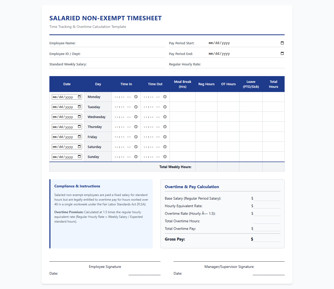 Salaried Non-Exempt Timesheet Template with Overtime Calculation