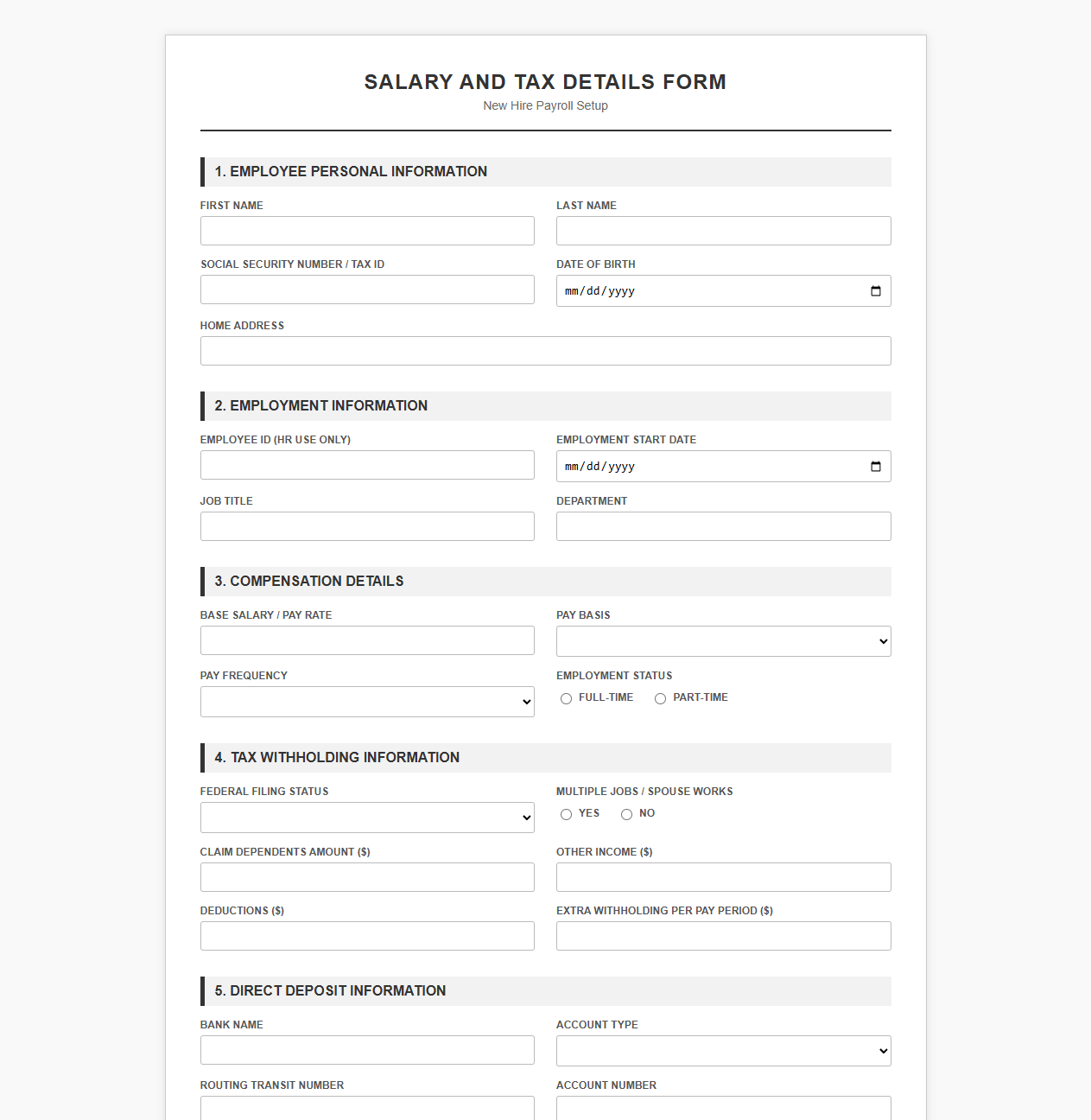 Salary and Tax Details Form for New Hires