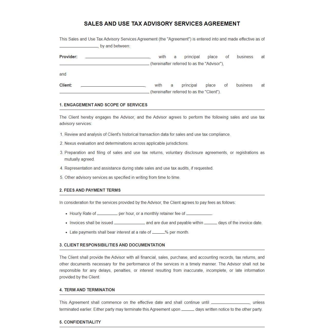 Sales and Use Tax Advisory Services Contract