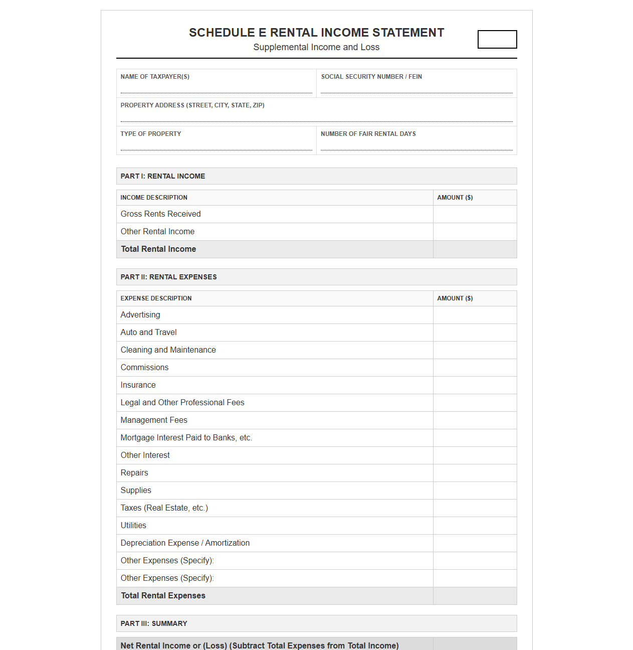 Schedule E Rental Income Statement Form