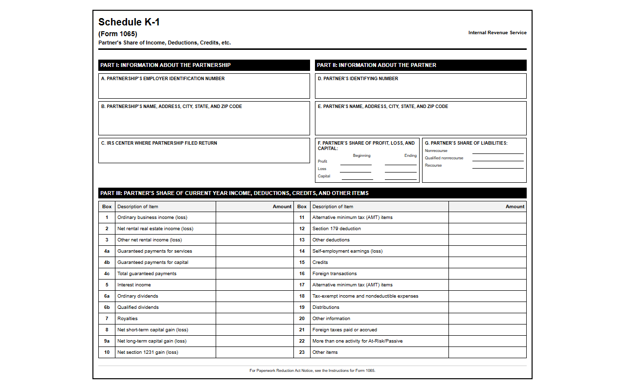 Schedule K-1 Partnership Income Return Template