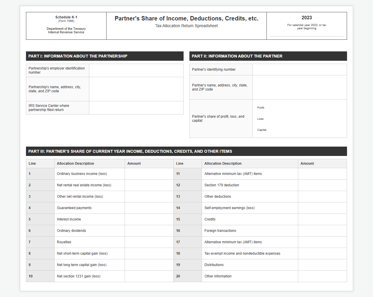 Schedule K-1 Tax Allocation Return Spreadsheet