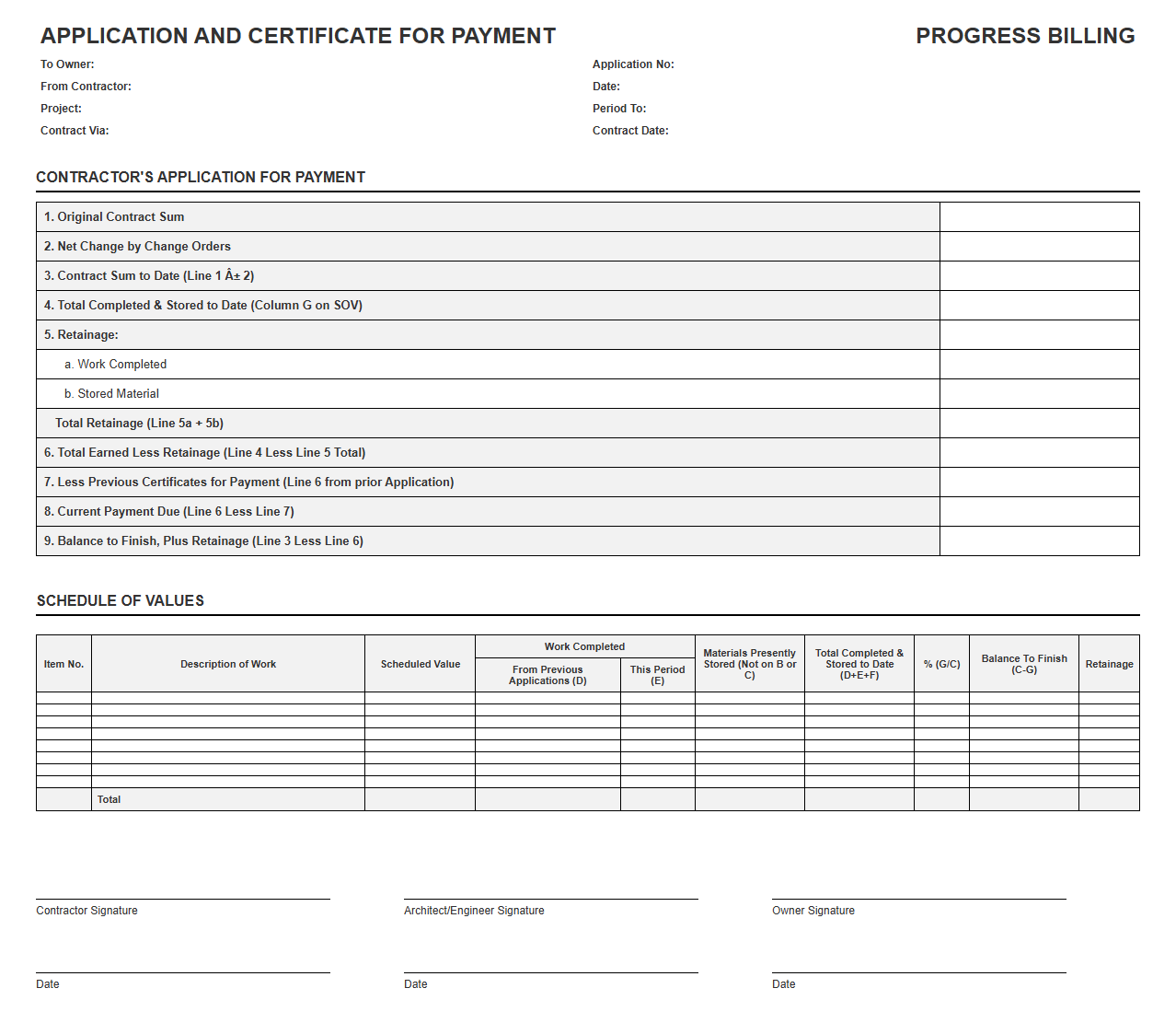 Schedule of Values and Progress Billing Statement