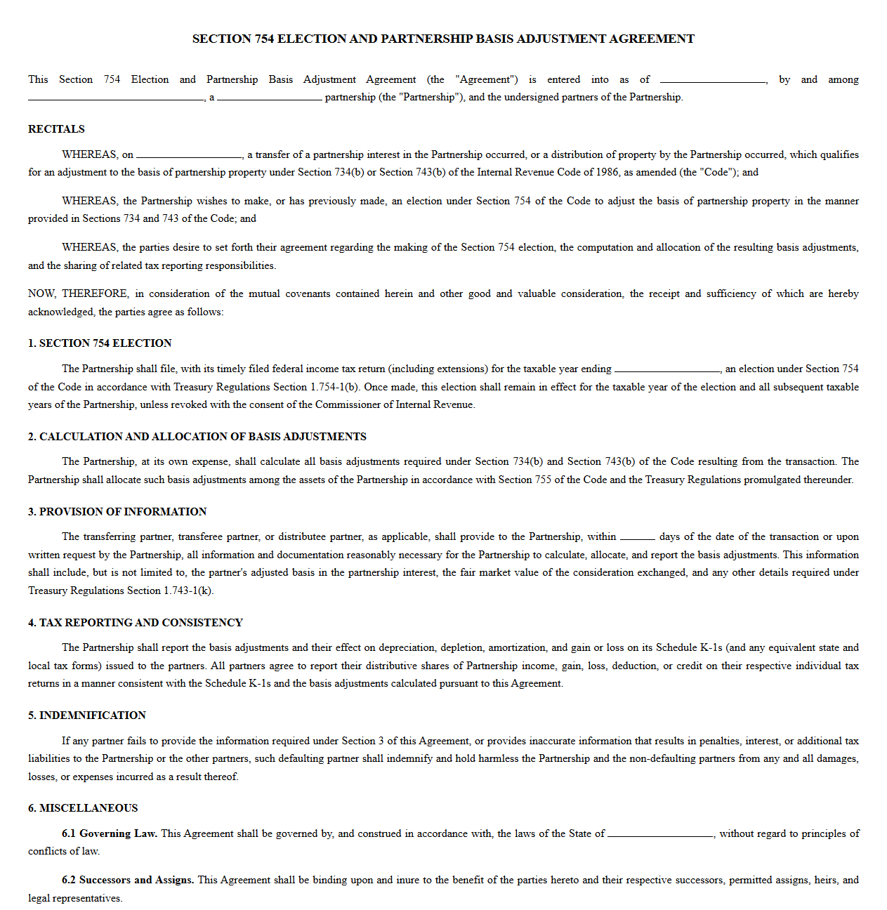 Section 754 Election Partnership Basis Adjustment Agreement