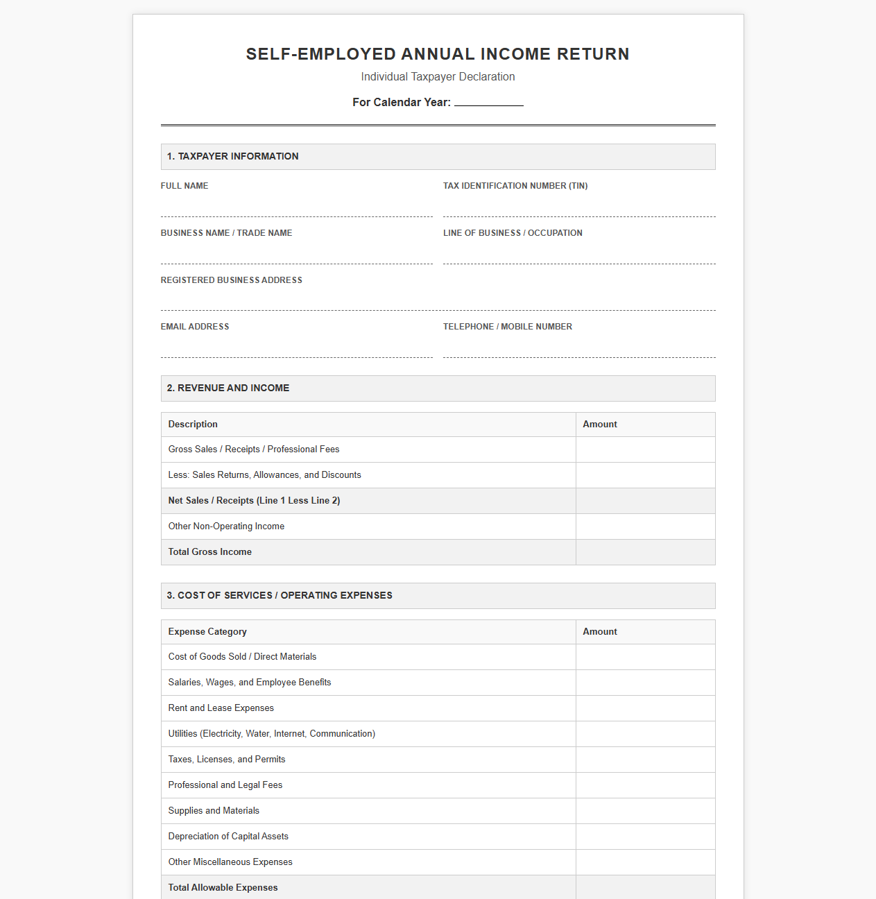 Self-Employed Annual Income Return Template