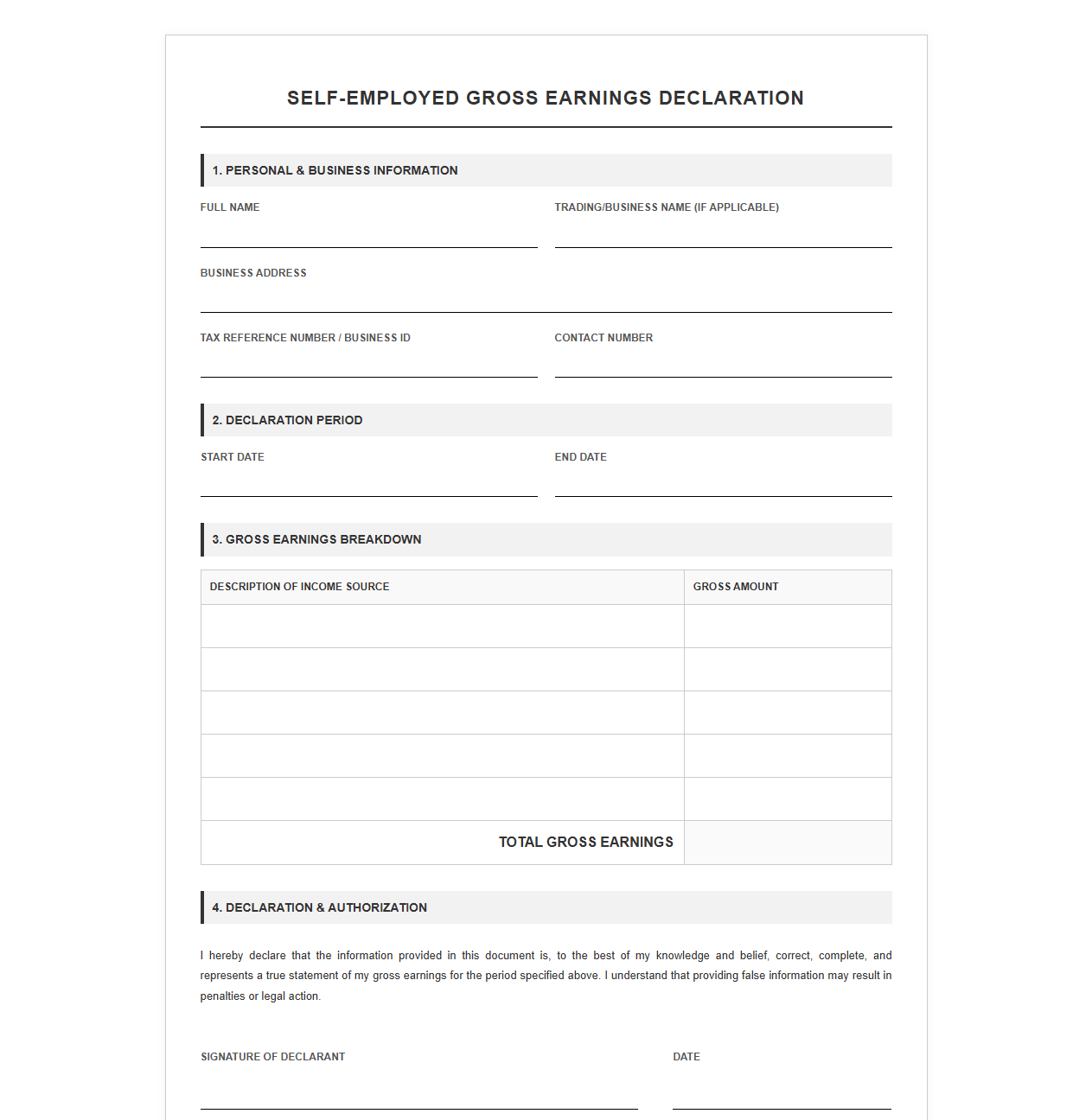 Self Employed Gross Earnings Declaration Form