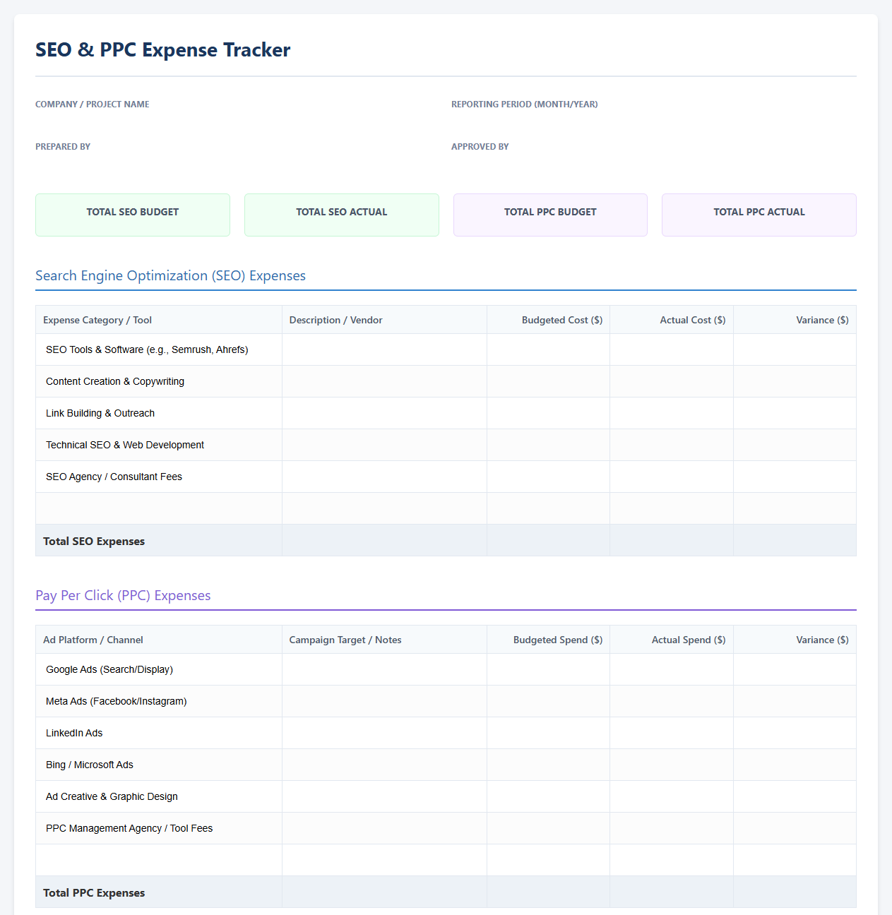 SEO and PPC Expense Tracking Template