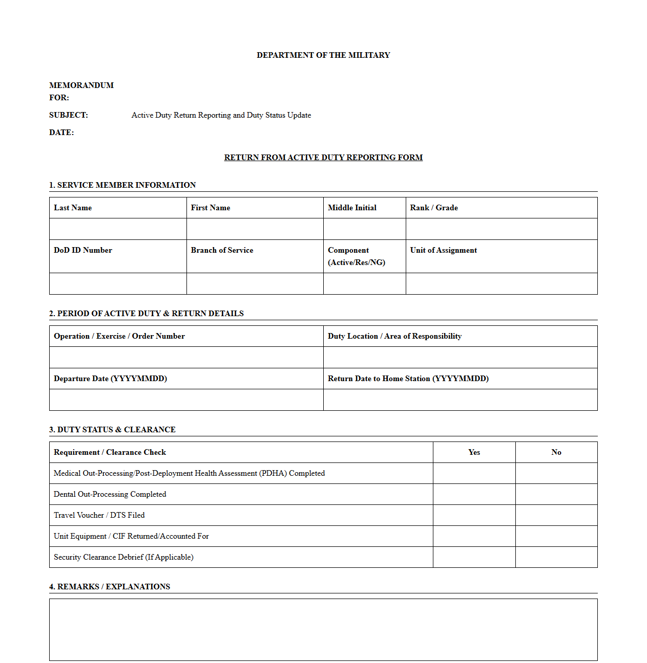 Service Member Active Duty Return Reporting Template