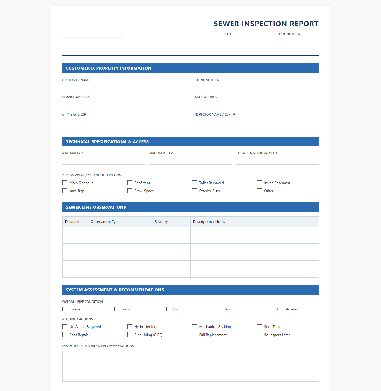 Sewer Line Inspection Report Template