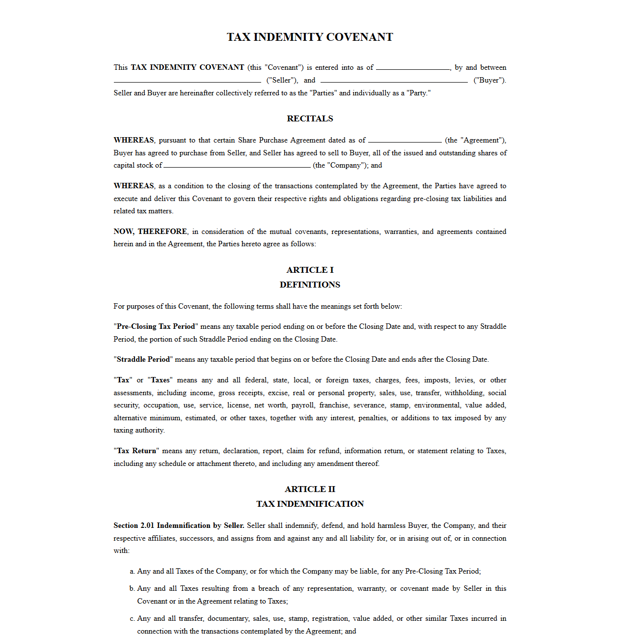 Share Purchase Agreement Tax Indemnity Covenant