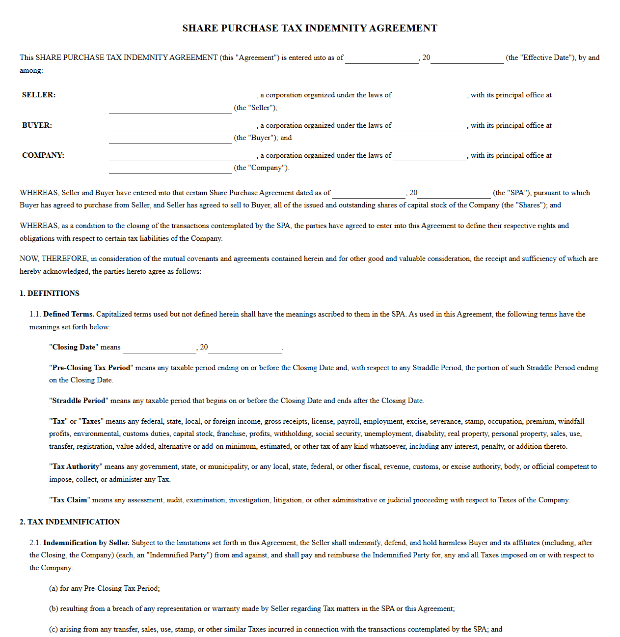 Share Purchase Tax Indemnity Agreement