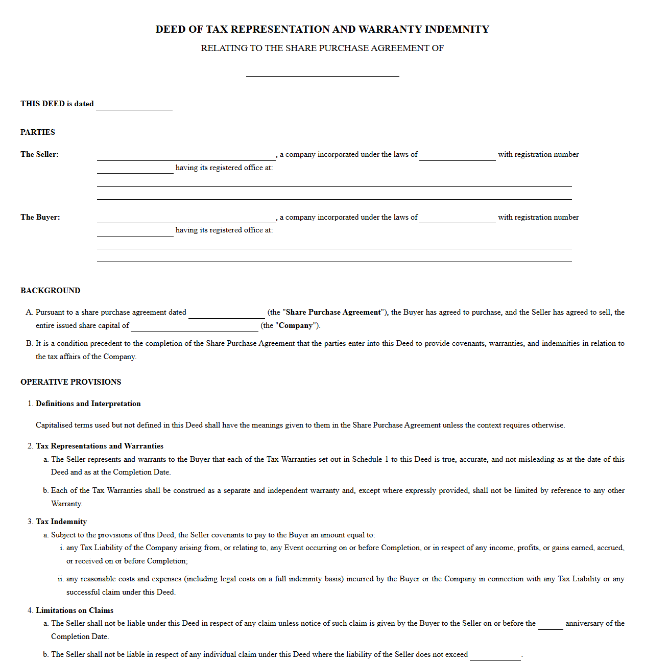 Share Purchase Tax Representation and Warranty Indemnity Deed