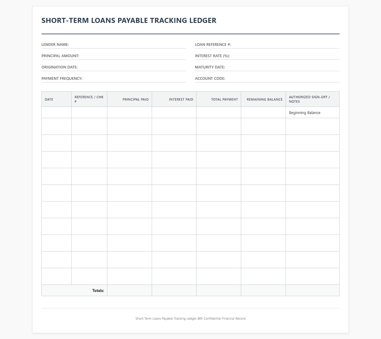 Short-Term Loans Payable Tracking Ledger