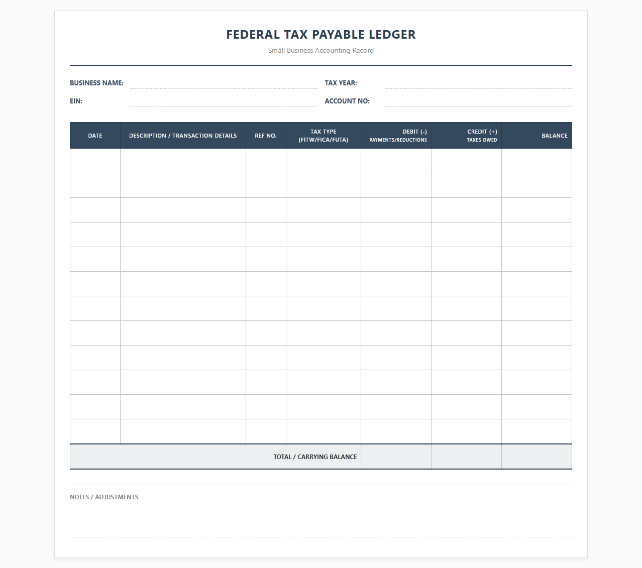 Small Business Federal Tax Payable Ledger