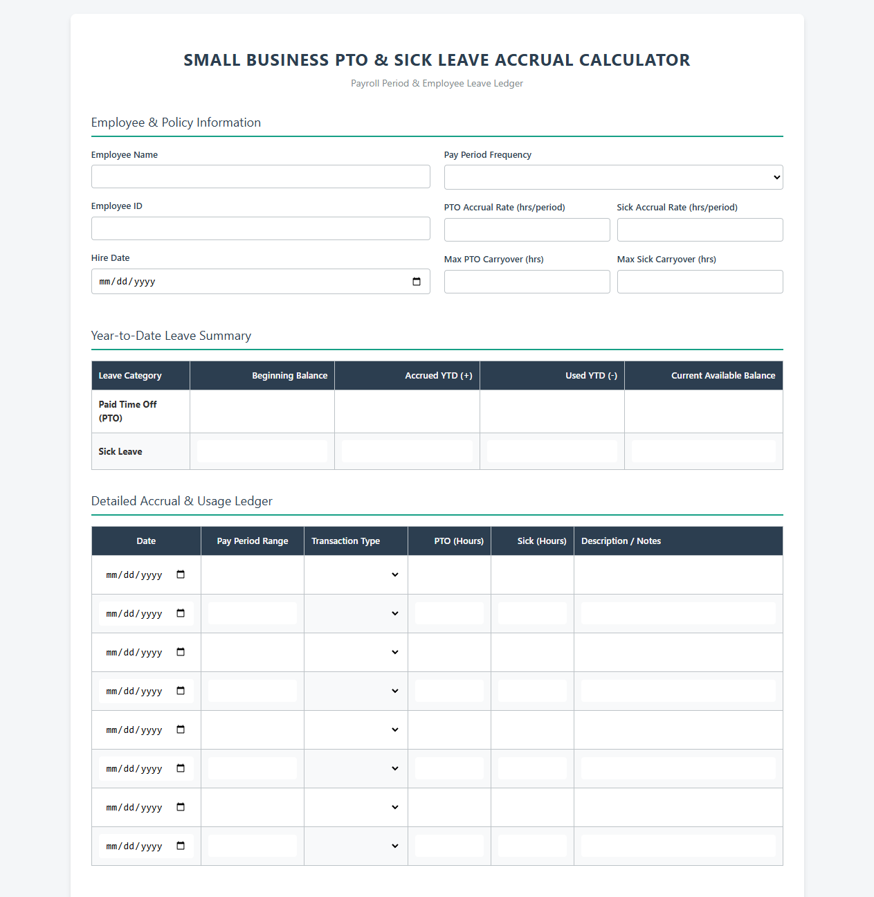 Small Business PTO and Sick Leave Accrual Calculator
