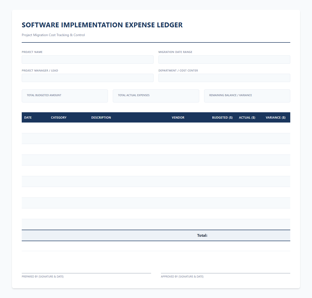 Software Implementation Expense Ledger
