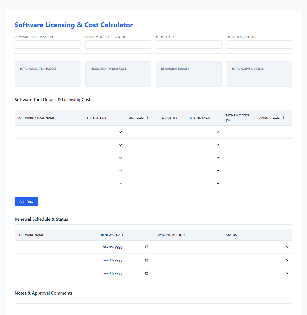 Software Licensing and Cost Calculator