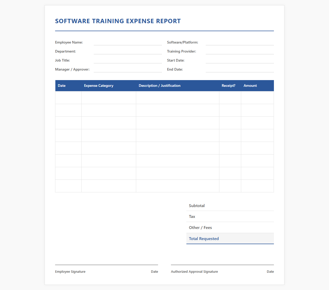 Software Training Expense Report Template