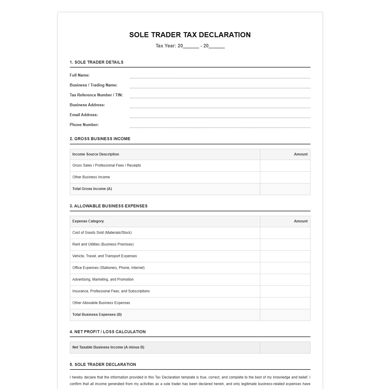 Sole Trader Tax Declaration Template