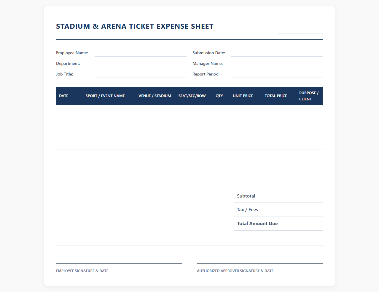 Stadium and Arena Ticket Expense Sheet