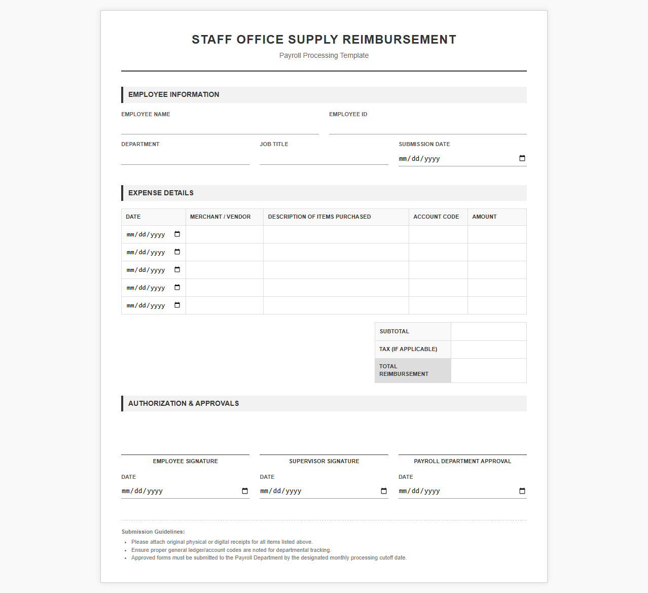 Staff Office Supply Reimbursement Payroll Form