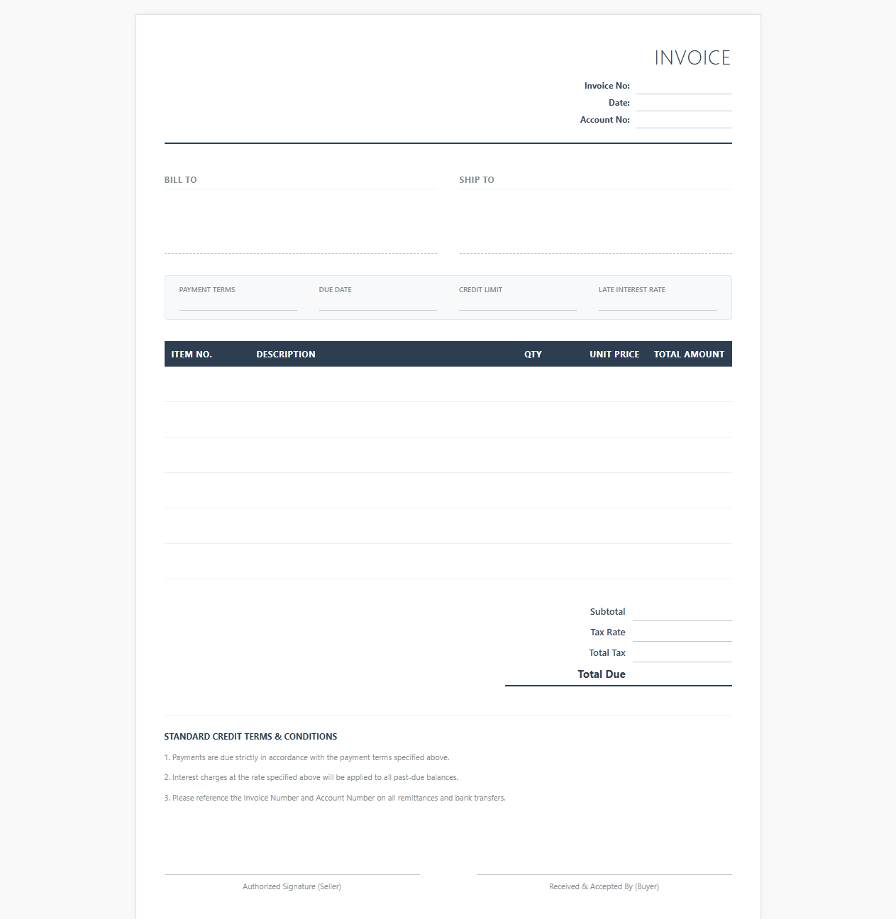 Standard Credit Terms Billing Invoice