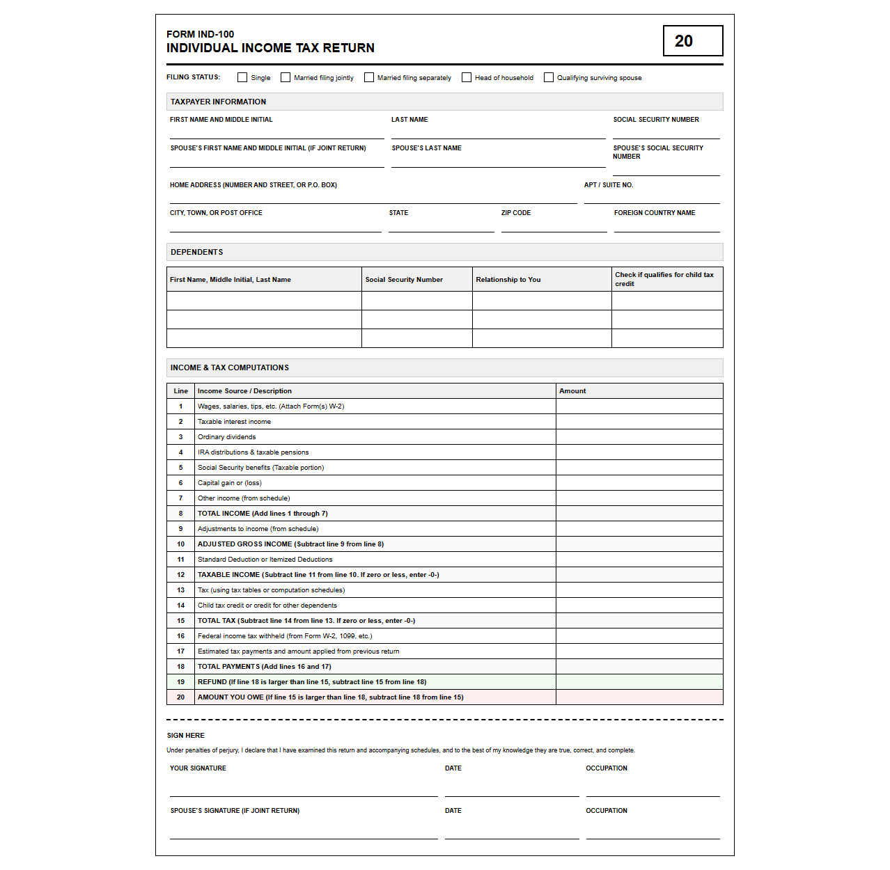 Standard Individual Income Tax Return Template
