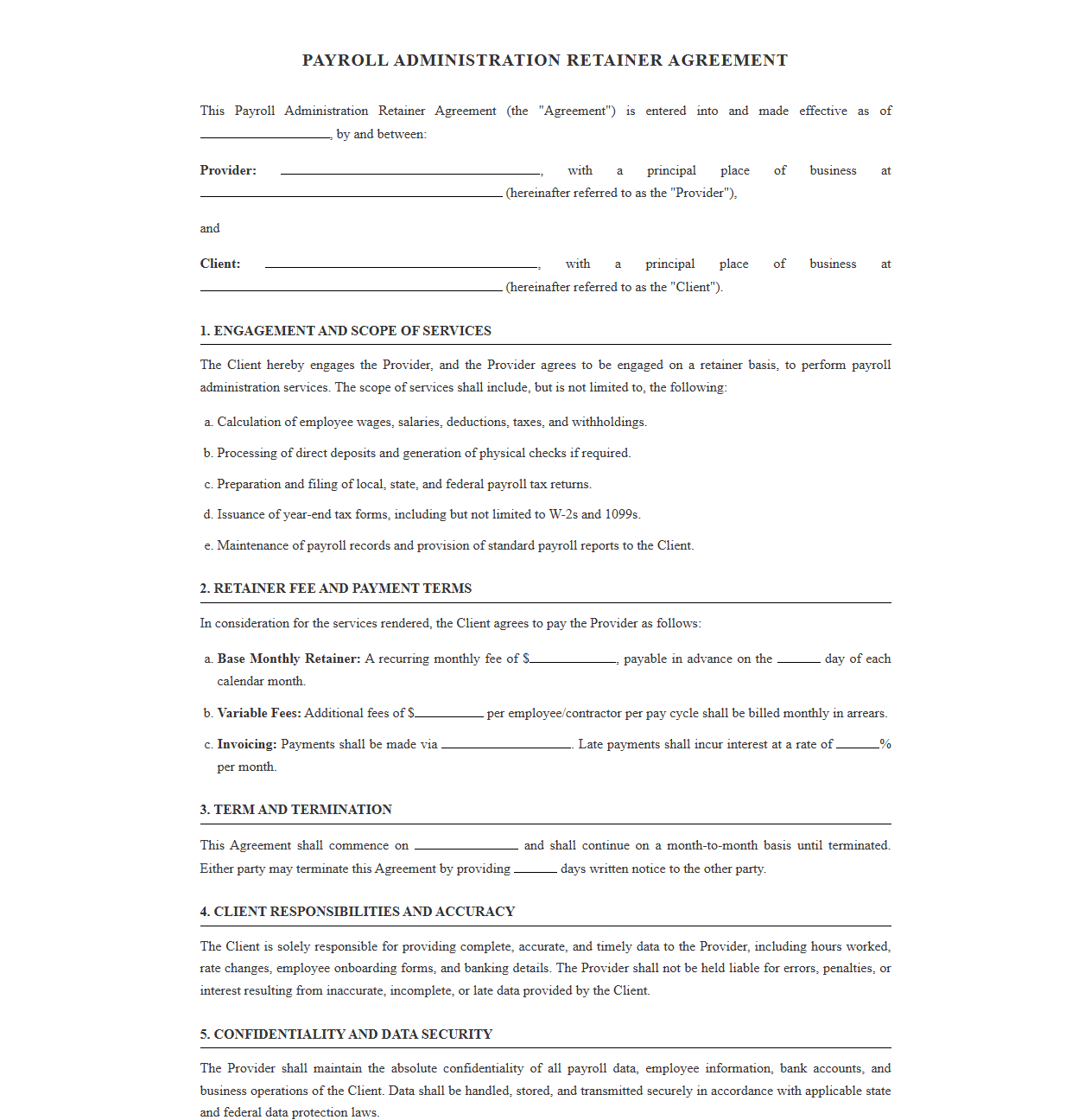 Standard Payroll Retainer Contract Template