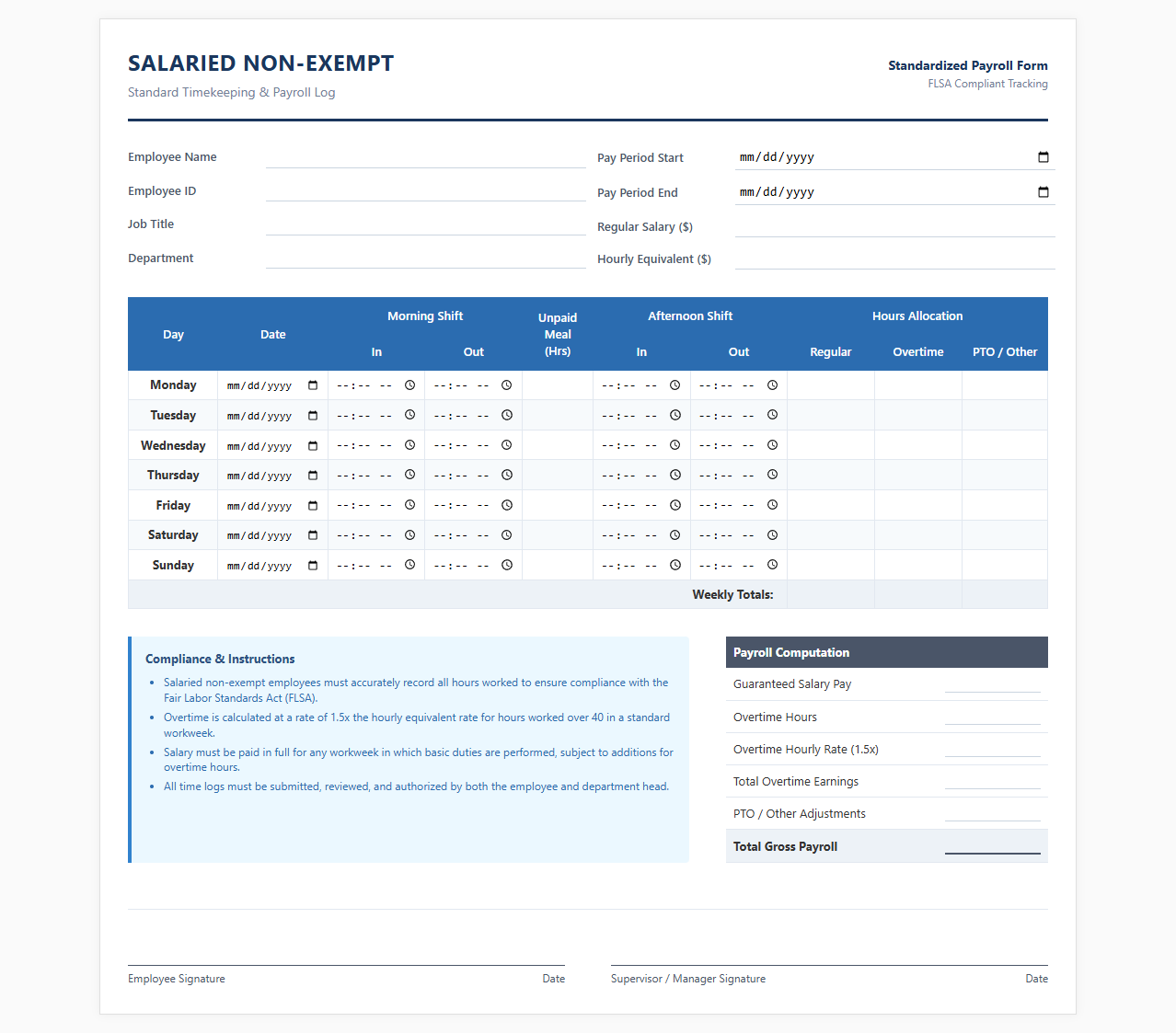 Standard Salaried Non-Exempt Timekeeping and Payroll Log