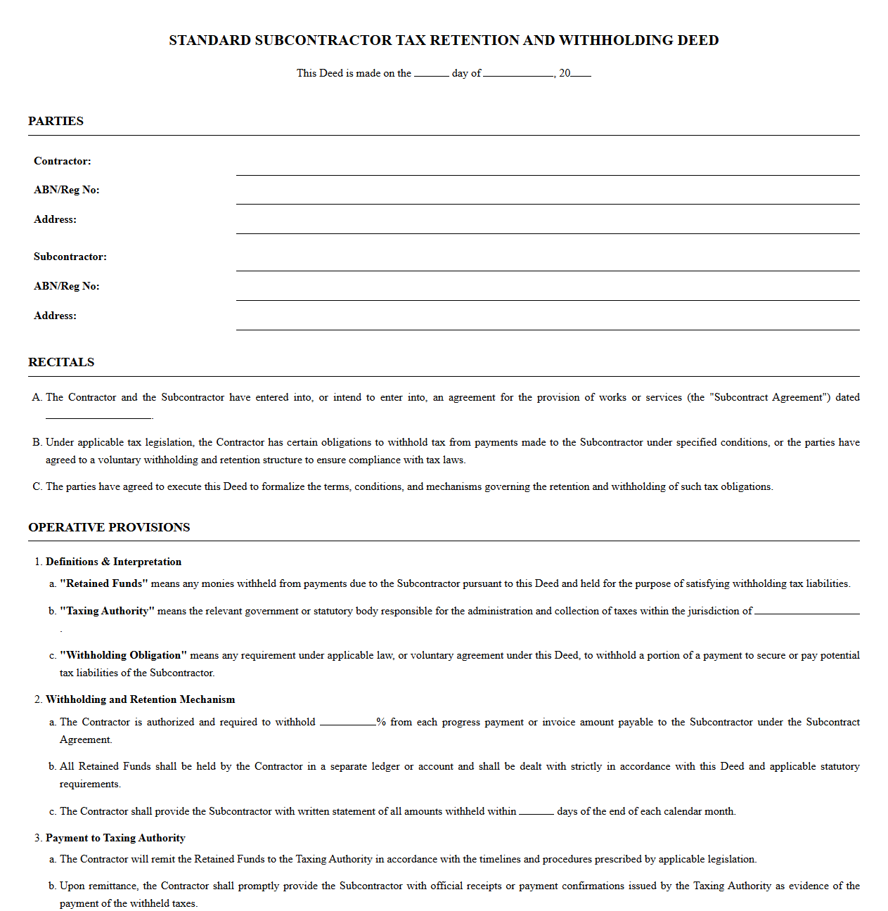 Standard Subcontractor Tax Retention and Withholding Deed