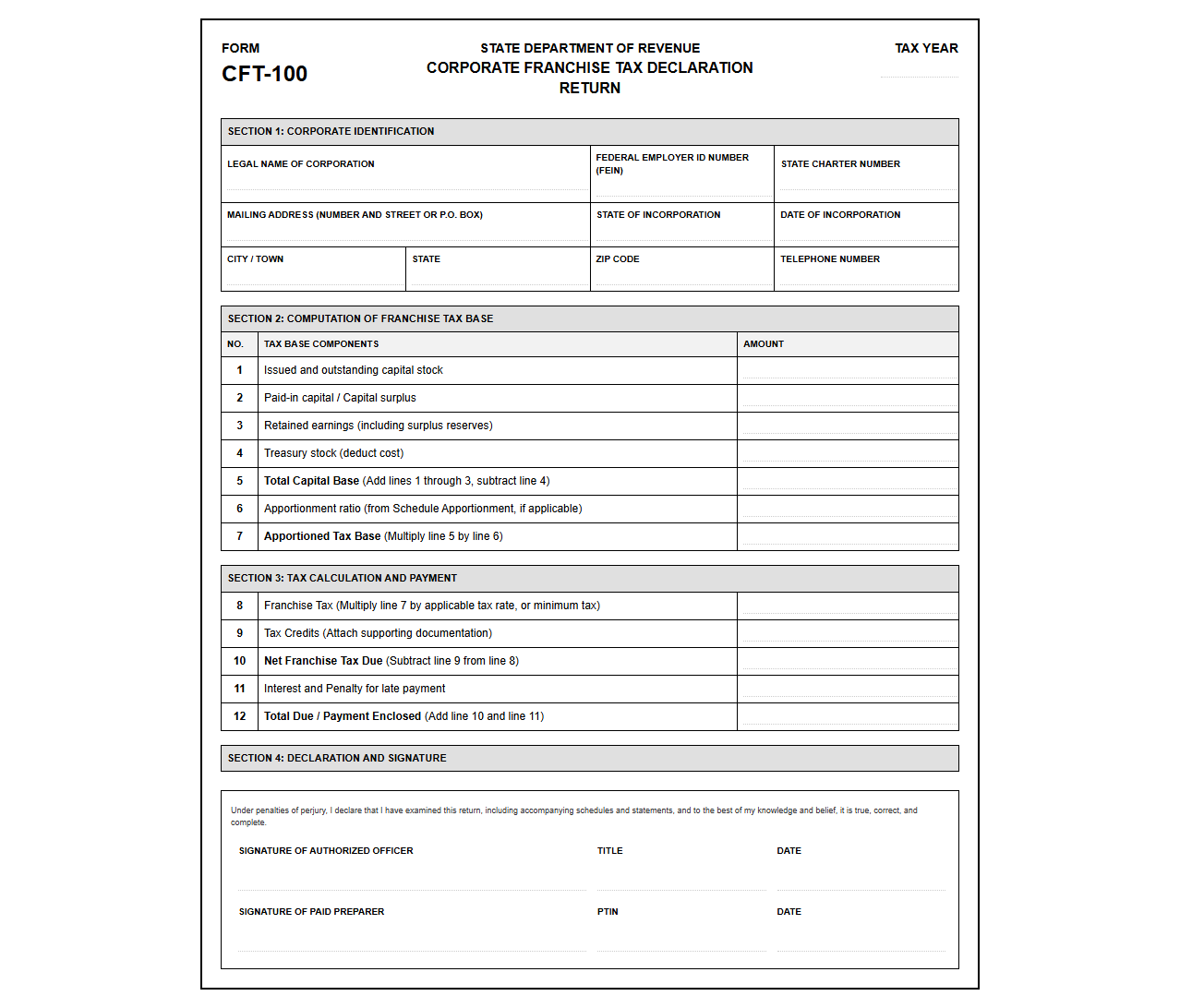 State Corporate Franchise Tax Declaration Form