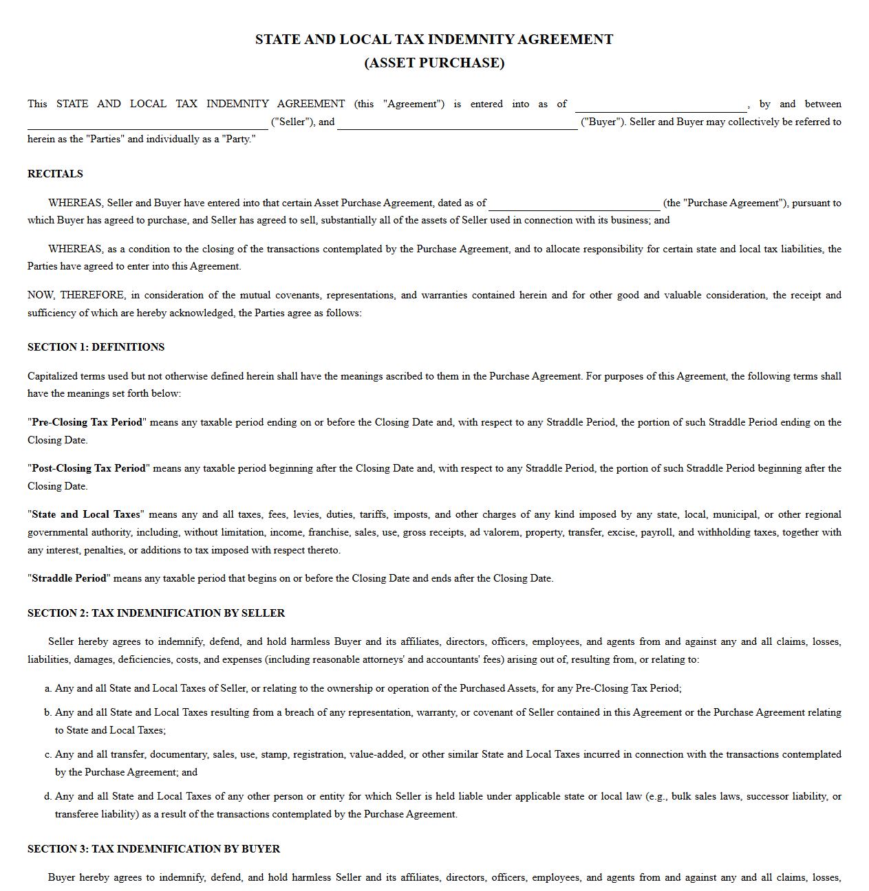 State and Local Tax Indemnity Agreement for Asset Purchase