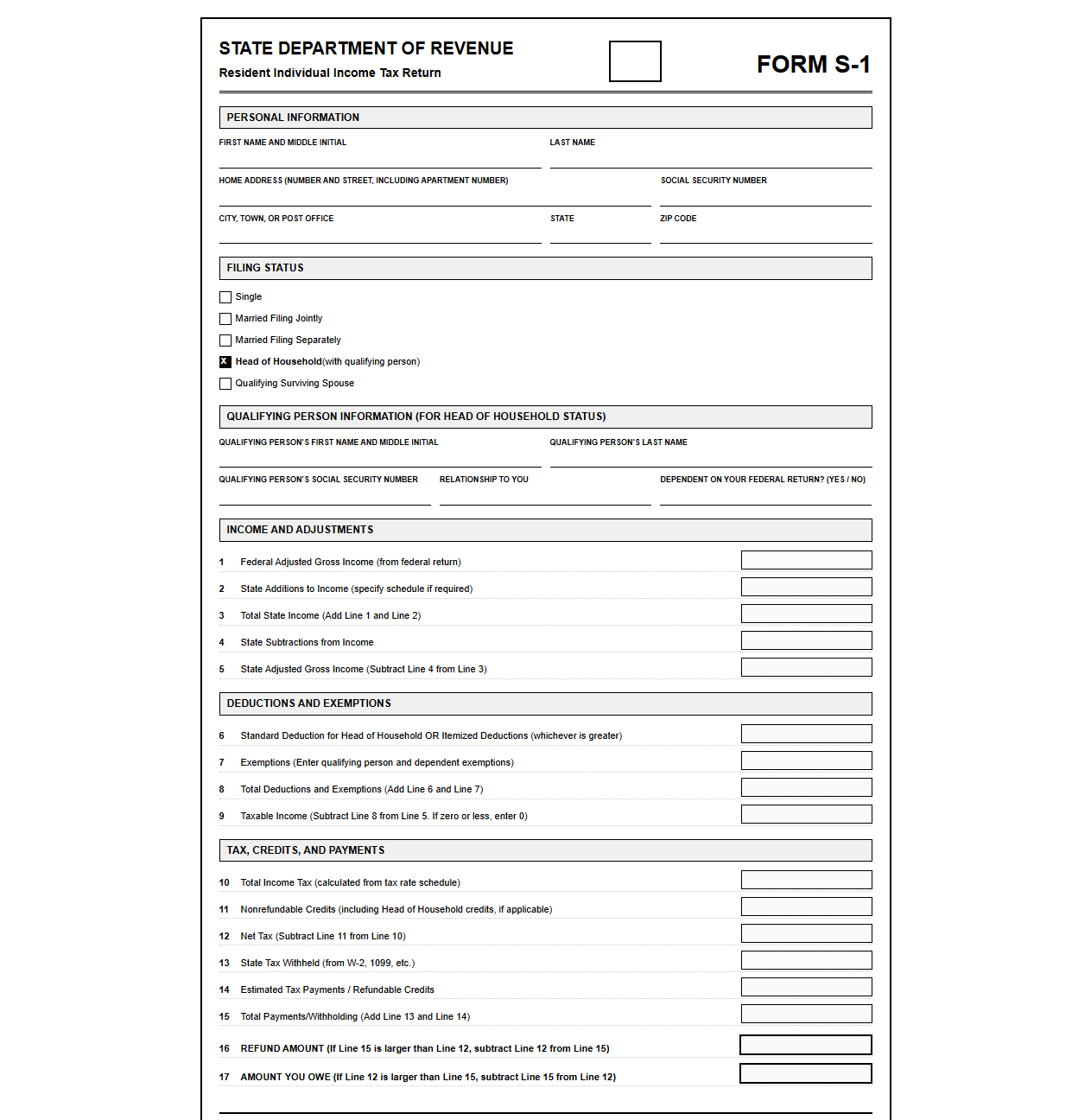 State Tax Return Template for Head of Household